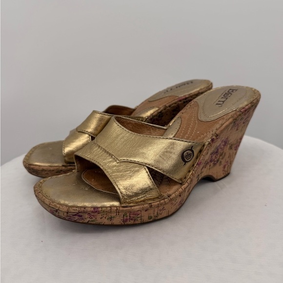 Born Gold Leather Cork Wedge Slide Sandals | Size 6 - Picture 2 of 9